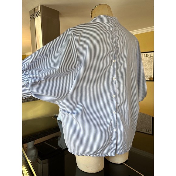 Blue & White Stripe Puff Sleeve Button Down Back Notch Collar Blouse - Picture 8 of 12